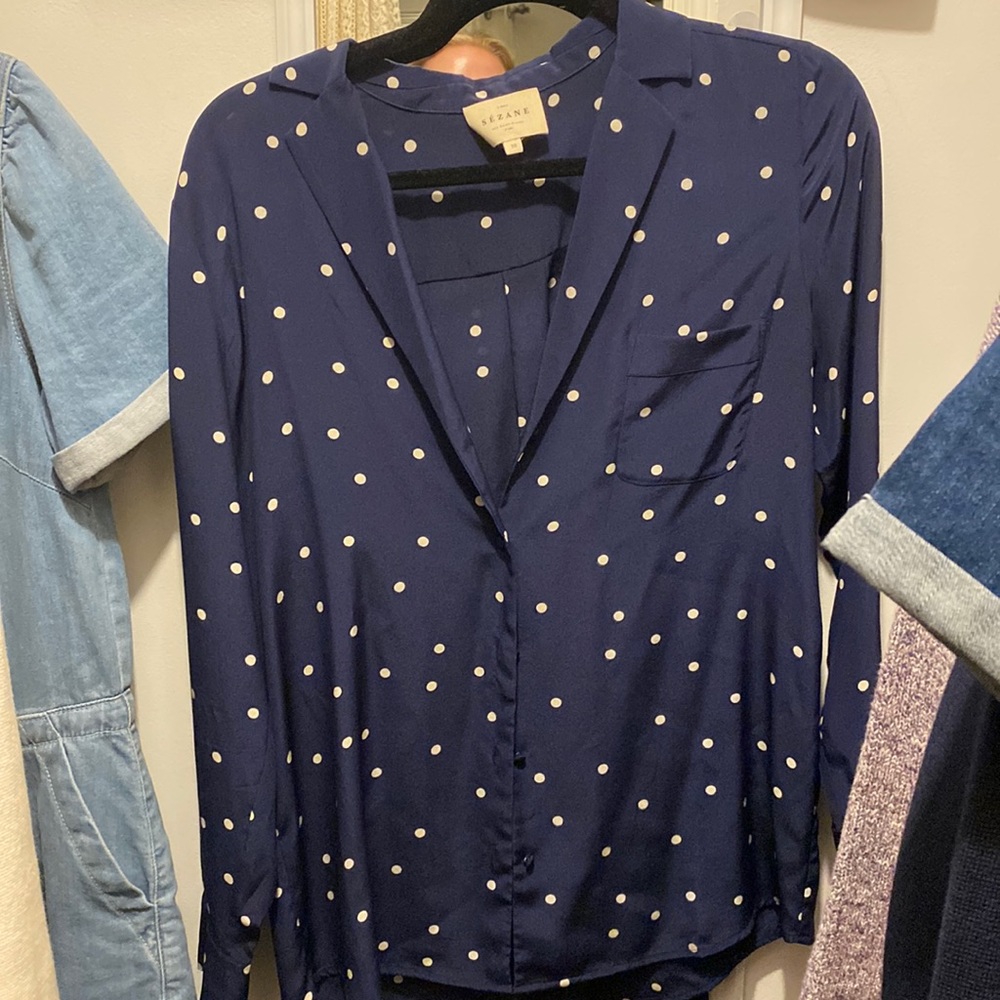 Sezane navy silk polka dot ann shirt